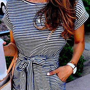 Women's Summer Striped Short Sleeve T Shirt Dress Casual Tie Waist with Pockets